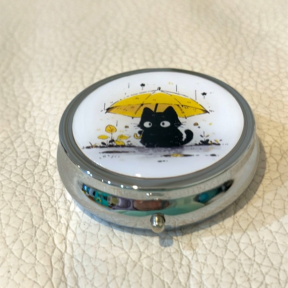 Accessories - NIB Compact 3-Compartment Metal Pill Case with Black Cat Design